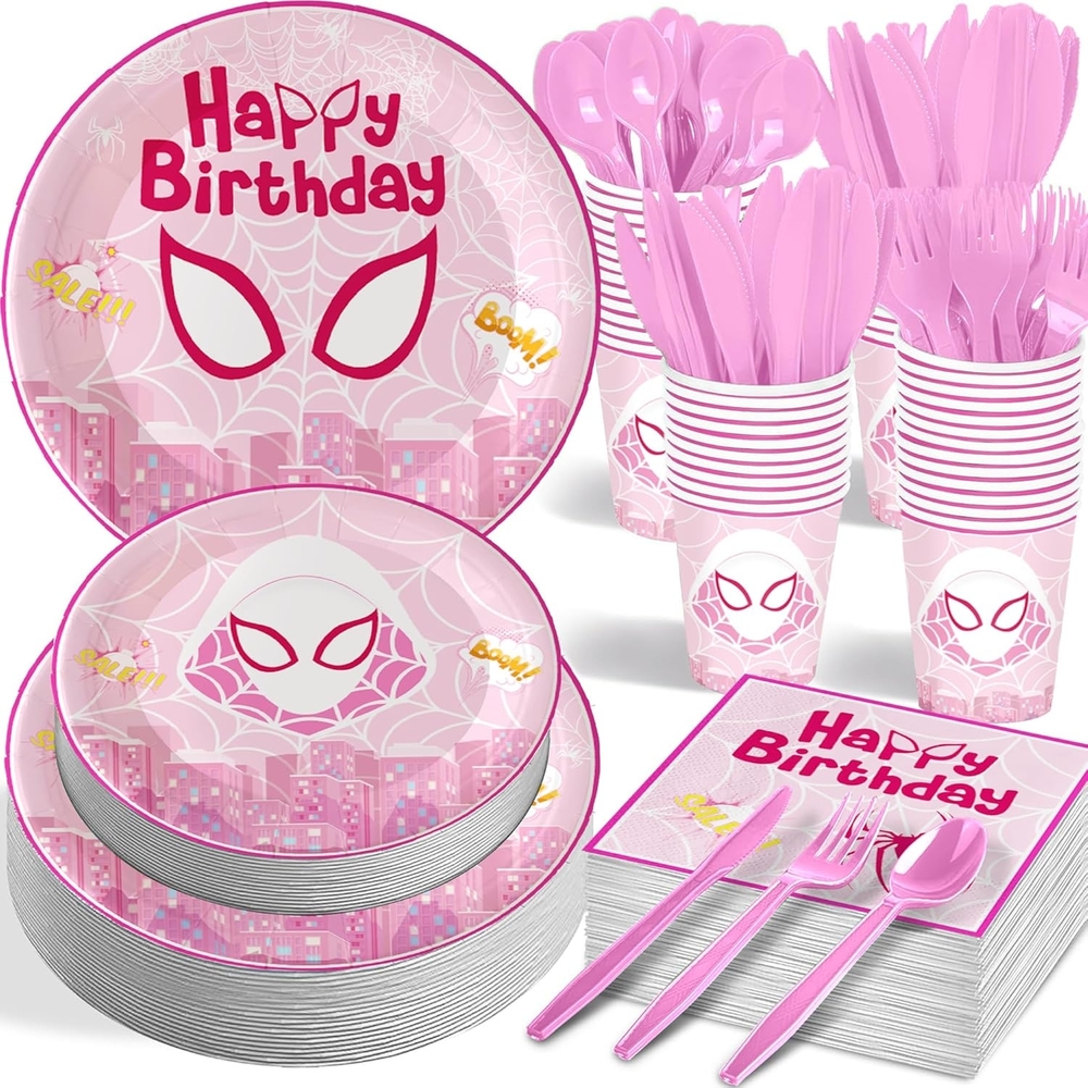 Pink Super Woman Spider-Themed Birthday Party Supplies Disposable Tableware Set